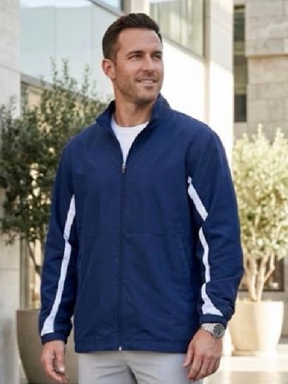 Russell Athletic Navy Windbreaker with White Stripe Accents